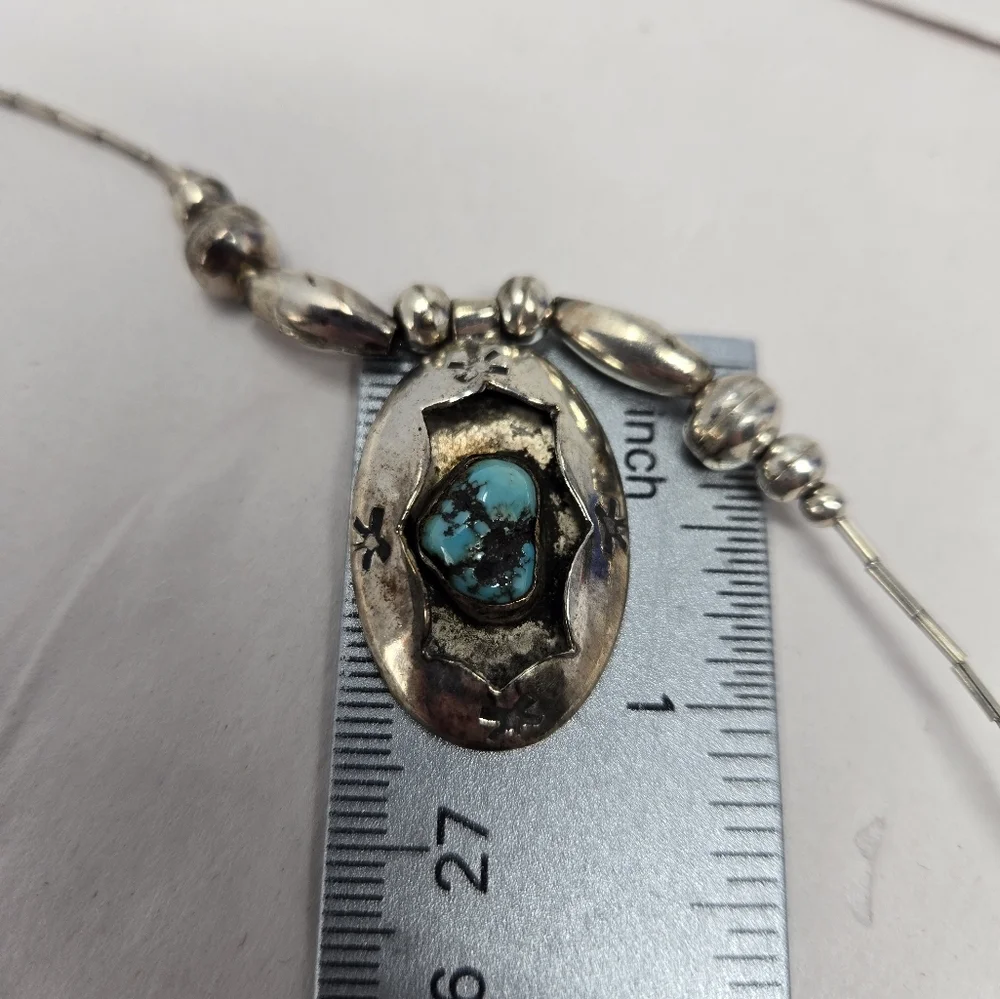 Vintage Sterling Silver Beaded Necklace With Turquise Stone Pendant 16 Inches - Picture 9 of 9